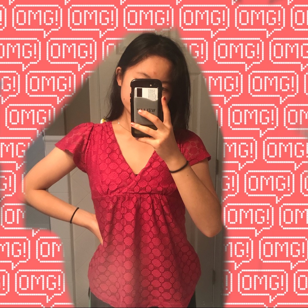🍉 NWOT red blouse short sleeve lace pattern